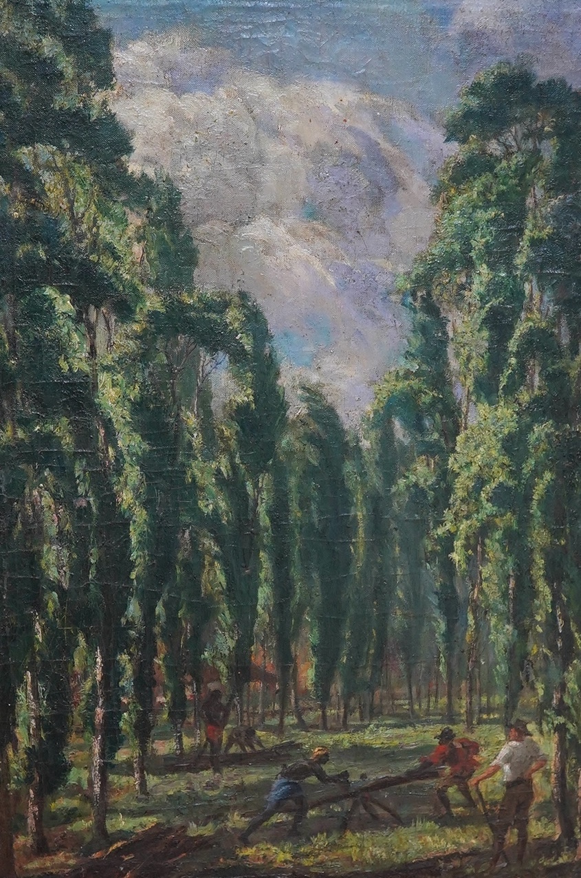 Alfred A. Martin (1871-1939), oil on canvas, Woodland clearing with figures, signed, 62 x 43cm. Condition - poor to fair